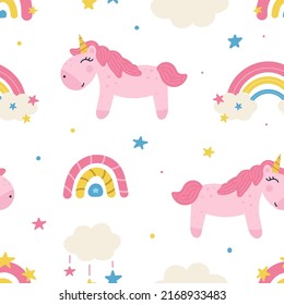 seamless fairy tale baby pattern of pink unicorn with clouds, rainbows, stars vector Illustration on a white background