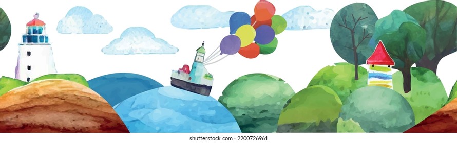 Seamless fairy tale landscape in watercolor style. 