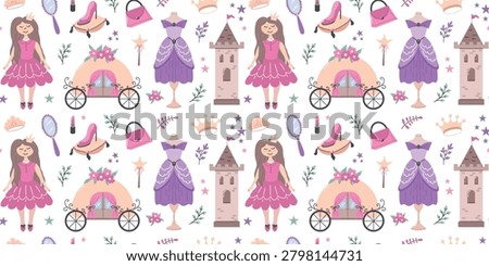 Seamless fairy tale pattern featuring a princess, castle tower, carriage, royal dress, crown, mirror, handbag, shoe, lipstick, magic wand, flowers