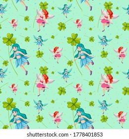 Seamless fairy tales and lucky clover cartoon style on green background illustration