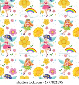 Seamless fairy tales with rainbow and flowers cartoon style on white background illustration