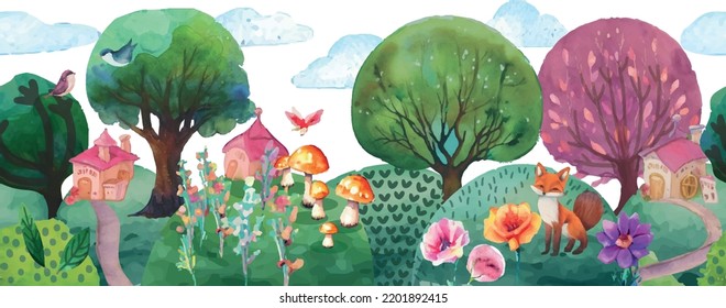 Seamless fairytale forest landscape pattern with trees, hills, flowers, houses and fox in watercolor style.