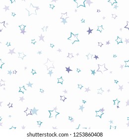 Seamless fairytale pattern with calligraphic blue and purple stars on white background. Vector illustration. Magic fireworks. Star line pattern.