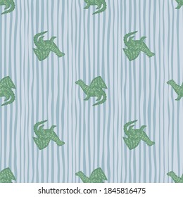 Seamless fairytale pattern with green dragon elements. White and blue striped background. Decorative backdrop for fabric design, textile print, wrapping, cover. Vector illustration.