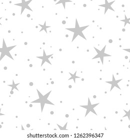 Seamless fairytale pattern with little grey stars and circles on white background. Vector illustration. Magic fireworks. Bright Stardust background. Constellation. Star pattern.