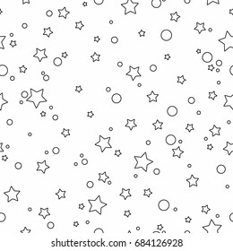 Seamless fairytale pattern with little rounded stars and circles with black outline on white background. Vector illustration. Magic fireworks. Star pattern.