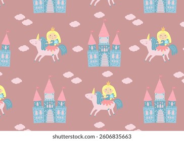 Seamless fairytale pattern with princess, castle and unicorn on dusty rose background. Perfect for children's textile and magical designs.