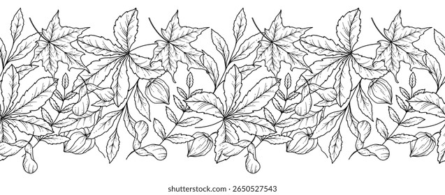 Borda de outono sem costura com folhas, bolotas e flores. Plano de fundo horizontal contínuo de queda. Desenho de Arte de Linha de outono. Design de flor de outono. Queda Garland botânico sem costura. Quadro de Borda