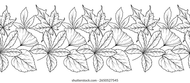 Borda de outono sem costura com folhas, bolotas e flores. Plano de fundo horizontal contínuo de queda. Desenho de Arte de Linha de outono. Design de flor de outono. Queda Garland botânico sem costura. Quadro de Borda
