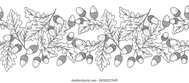 Borda de outono sem costura com folhas, bolotas e flores. Plano de fundo horizontal contínuo de queda. Desenho de Arte de Linha de outono. Design de flor de outono. Queda Garland botânico sem costura. Quadro de Borda