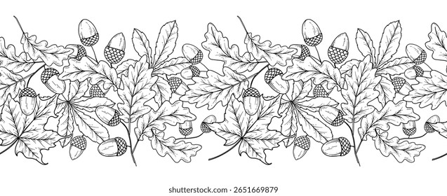 Borda de outono sem costura com folhas, bolotas e flores. Plano de fundo horizontal contínuo de queda. Desenho de Arte de Linha de outono. Design de flor de outono. Queda Garland botânico sem costura. Quadro de Borda
