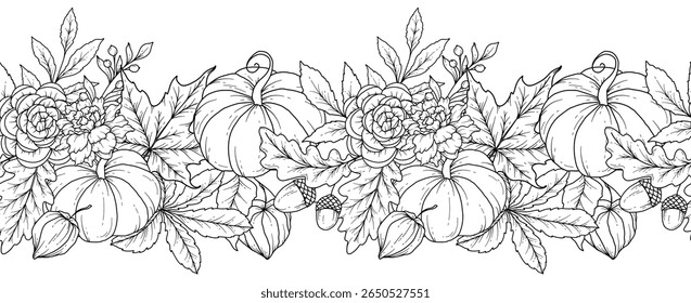 Borda de outono sem costura com folhas, abóboras, bolotas e flores. Plano de fundo horizontal contínuo de queda. Desenho de Arte de Linha de outono. Design de flor de outono. Queda Garland botânico sem costura. Quadro de Borda