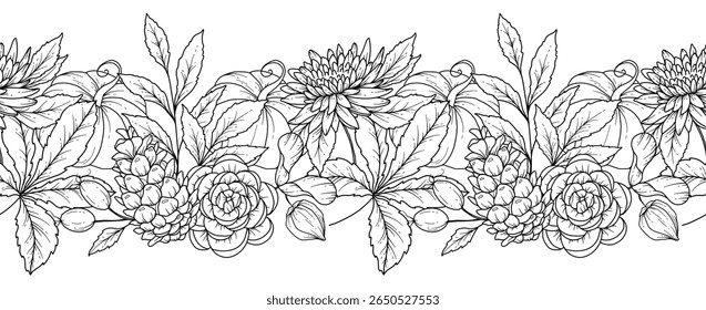 Seamless Fall Border with Leaves, Pumpkins, Acorns and Flowers. Seamless Horizontal  Fall Background. Autumn Line Art Drawing. Fall Flower Design. Fall Botanical garland seamless. Border Frame