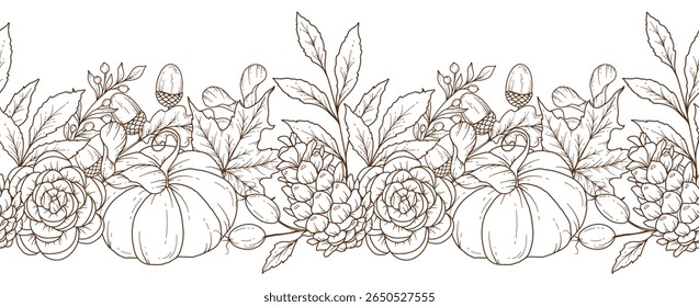 Borda de outono sem costura com folhas, abóboras, bolotas e flores. Plano de fundo horizontal contínuo de queda. Desenho de Arte de Linha de outono. Design de flor de outono. Queda Garland botânico sem costura. Quadro de Borda