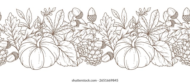 Borda de outono sem costura com folhas, abóboras, bolotas e flores. Plano de fundo horizontal contínuo de queda. Desenho de Arte de Linha de outono. Design de flor de outono. Queda Garland botânico sem costura. Quadro de Borda