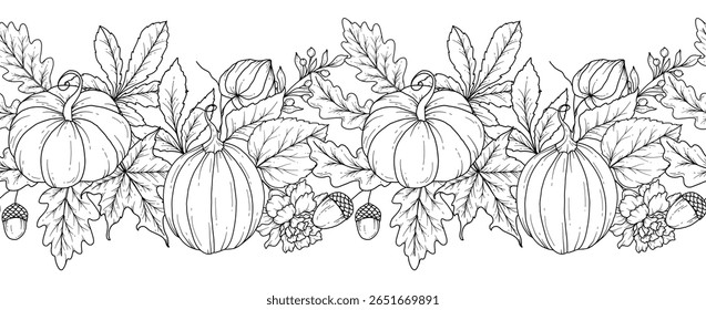 Borda de outono sem costura com folhas, abóboras, bolotas e flores. Plano de fundo horizontal contínuo de queda. Desenho de Arte de Linha de outono. Design de flor de outono. Queda Garland botânico sem costura. Quadro de Borda