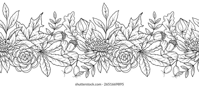 Borda de outono sem costura com folhas, abóboras, bolotas e flores. Plano de fundo horizontal contínuo de queda. Desenho de Arte de Linha de outono. Design de flor de outono. Queda Garland botânico sem costura. Quadro de Borda