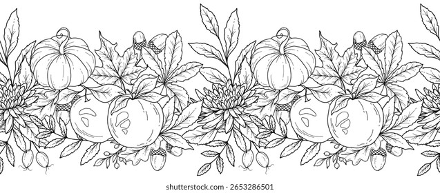 Borda de outono sem costura com folhas, abóboras, bolotas e flores. Plano de fundo horizontal contínuo de queda. Desenho de Arte de Linha de outono. Design de flor de outono. Queda Garland botânico sem costura. Quadro de Borda