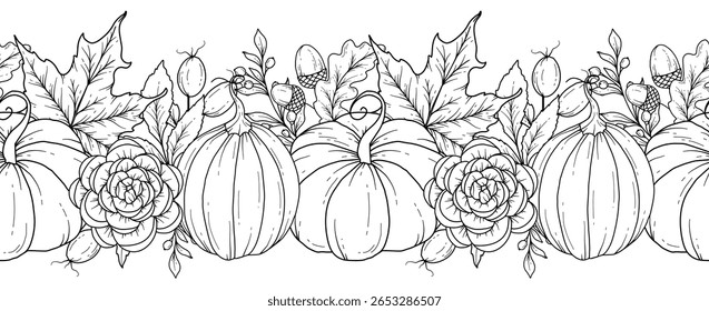 Borda de outono sem costura com folhas, abóboras, bolotas e flores. Plano de fundo horizontal contínuo de queda. Desenho de Arte de Linha de outono. Design de flor de outono. Queda Garland botânico sem costura. Quadro de Borda