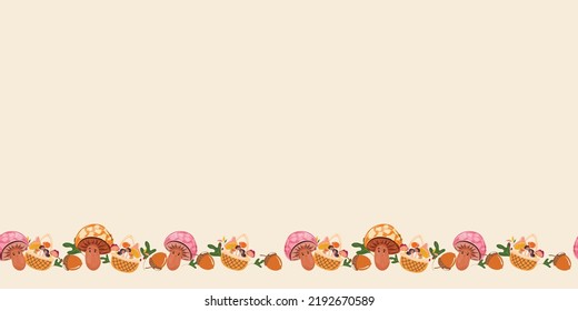 Seamless fall border with mushrooms, basket full of berries and mushrooms, leaves and acorns. 