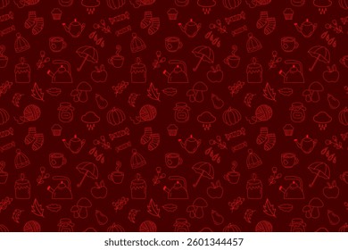 Seamless fall doodle style pattern with cozy elements: teapots, cups, jam, leaves, socks and pumpkins. Linear minimalistic style, red outlines on burgundy background