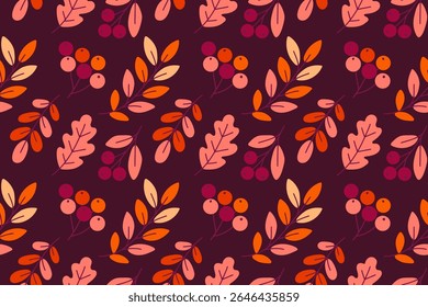 Seamless fall foliage pattern with orange leaves on dark background for autumn-themed packaging, fabric and wrapping paper
