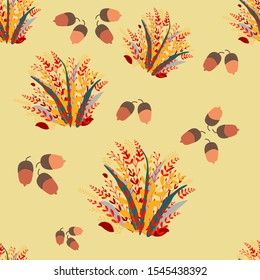 Seamless fall leaves and acorns pattern. Autumn endless design banner template. Vector illustration.