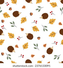 Seamless fall leaves, berries and acorns with cute hedgehogs