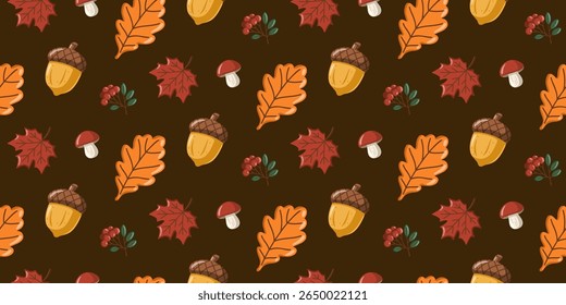 Seamless fall pattern with acorns, mushrooms, oak leaves and rowan berries. Autumn digitalpaper. Cartoon vector background. 
