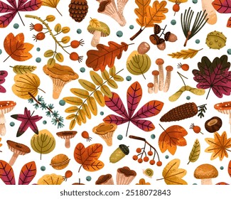 Patrón de caída sin fisuras. Fondo de otoño, textura. Hoja, follaje del bosque, setas, conos, impresión repetitiva de la naturaleza sin fin para la tela, materia textil, diseño de envoltura. Ilustración vectorial plana de color