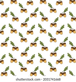 Seamless fall pattern with cartoon style acorns on a branch with green leaves on white background. Autumn nature forest backdrop for gift wrapping paper scrapbook kids crafts