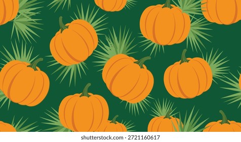 Patrón de otoño sin fisuras con calabazas naranjas vibrantes dispersas sobre hojas de palma de abanico puntiagudas sobre un fondo verde oscuro para contraste.