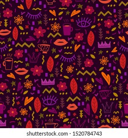 Seamless fall pattern. Flowers, autumn leaves, coffee cups and other elements.