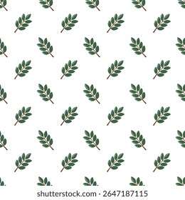 Padrão de queda sem emenda com galhos frondosos verdes sobre fundo branco. Fundo do vetor de desenhos animados.