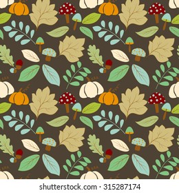  Seamless fall pattern with leaf, pumpkin, mushroom, acorn, oak tree. Thanksgiving pattern.