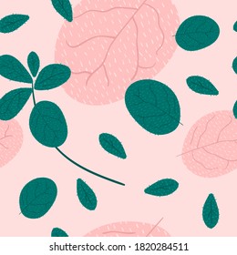 Seamless fall pattern with leaves. Romantic pink background with abstract details.