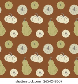 Padrão de queda sem emenda com abóboras e abóbora clara em um fundo marrom quente. Design de vetor acolhedor para ação de graças, têxteis de cozinha e embalagem de outono rústico.