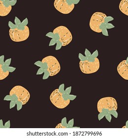 Seamless fall pattern with pale green and orange tones persimmons shapes. Brown background. Great for fabric design, textile print, wrapping, cover. Vector illustration.