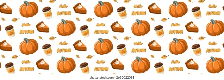 Seamless fall pattern with pumpkin, pie slice, coffee cup and Hello Autumn lettering. Cartoon vector digitalpaper design 