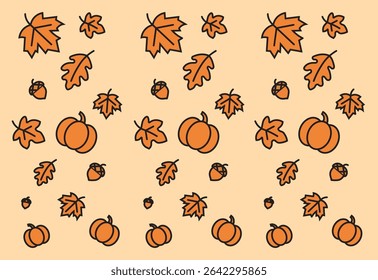 Seamless Fall Pattern with Pumpkins, Leaves, and Acorns – Cute Hand Drawn Autumn Elements on Beige
