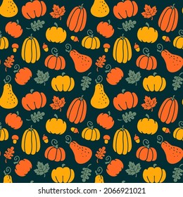 Seamless fall pattern with pumpkins, maple and oak leaves, acorns and mushrooms