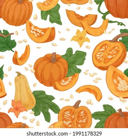 Seamless fall pattern with pumpkins, squashes, leaves, seeds on white background. Repeating texture of autumn harvest. Endless design with realistic vegetables. Colored hand-drawn vector illustration