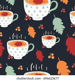 Seamless Fall Pattern with with tea cup. Hand drawn style.