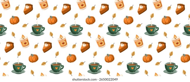 Seamless fall pattern with tea cups, pumpkins, pie slices and candles. Autumn cartoon vector background
