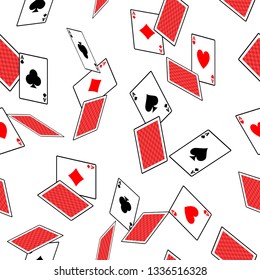 Seamless falling playing card pattern. Heart, Spade, Club, Diamond.