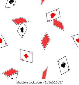 Seamless falling playing card pattern. Heart, Spade, Club, Diamond.