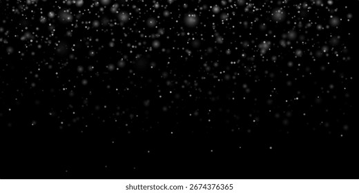Seamless falling snowflakes background. White winter dust particles on teal blue sky. Seasonal snowy texture for February design, holiday scenes, and nature wallpapers. Random snowflakes. Vector  