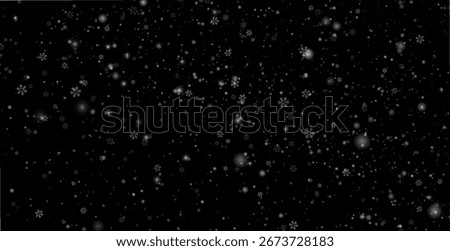 Seamless falling snowflakes background. White winter dust particles on teal blue sky. Seasonal snowy texture for February design, holiday scenes, and nature wallpapers. Random snowflakes. Vector  