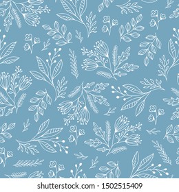 Seamless fancy pattern with hand drawn leaves and flowers. Floral fantasy motif. Vector illustration. 