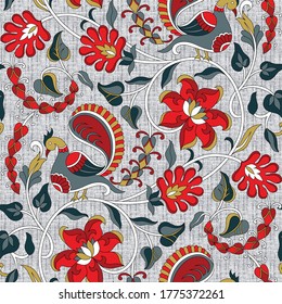 seamless fantastic floral and peacock  pattern on white